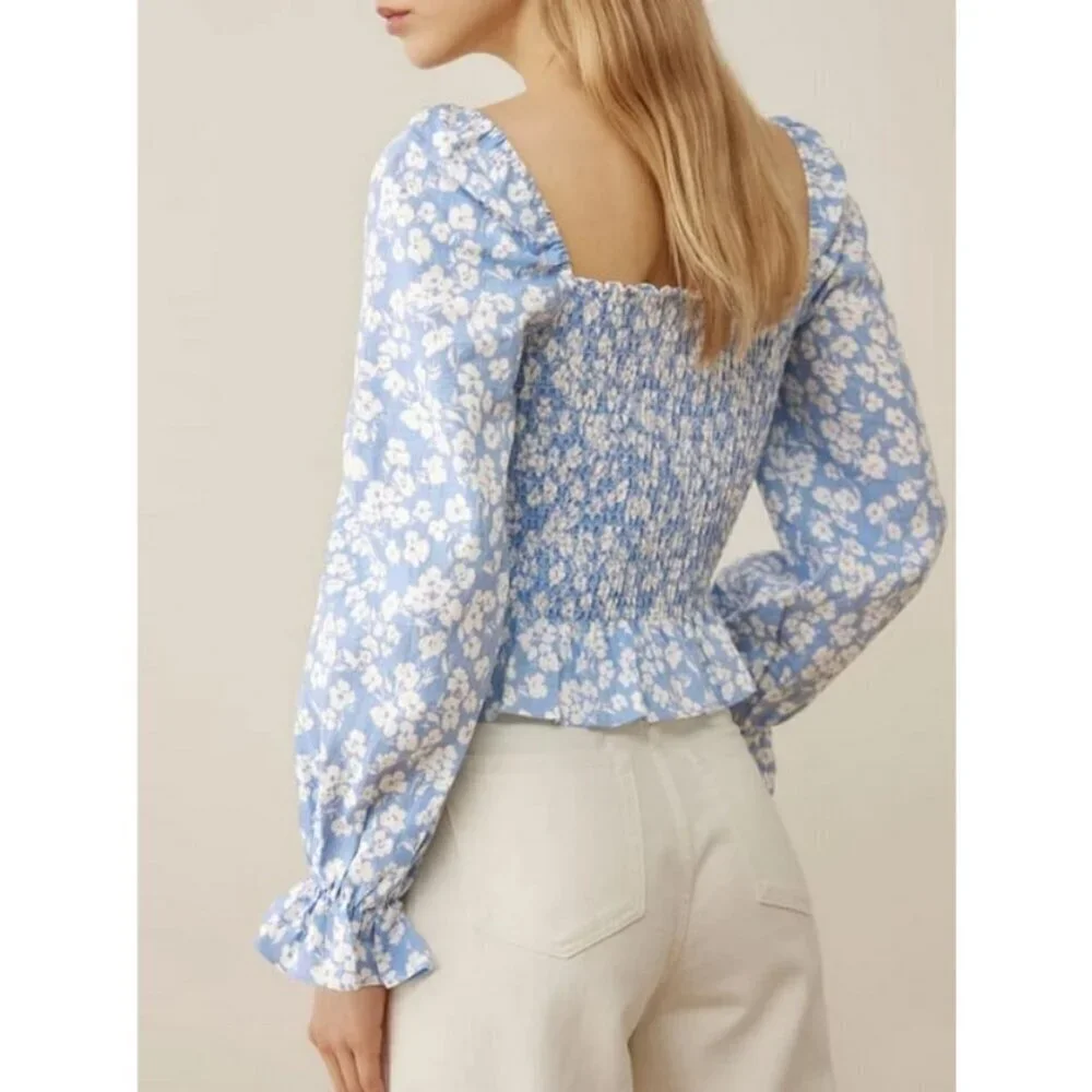 💕REFORMATION💕 Cambria Linen Top ~ Sofie Blue Floral Print Small S NWT - Picture 3 of 14